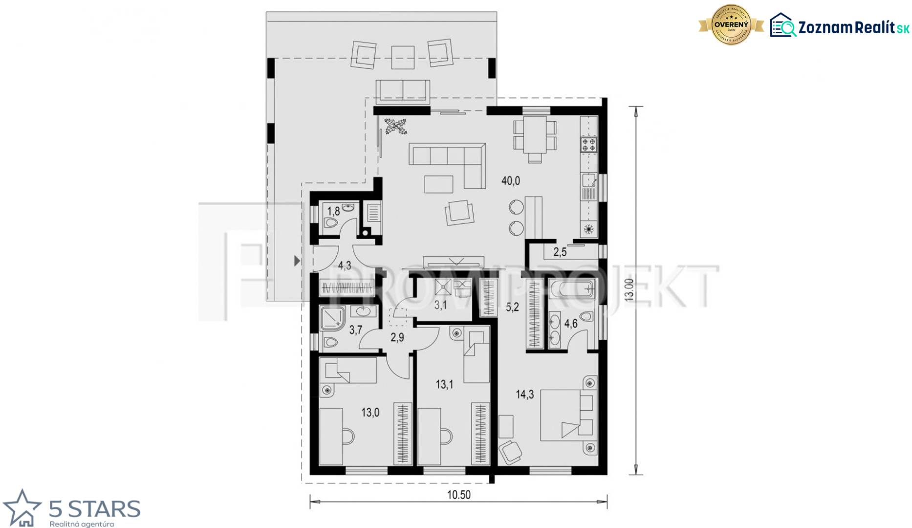 Floor plan of a family house with a large living room, kitchen, and three bedrooms.