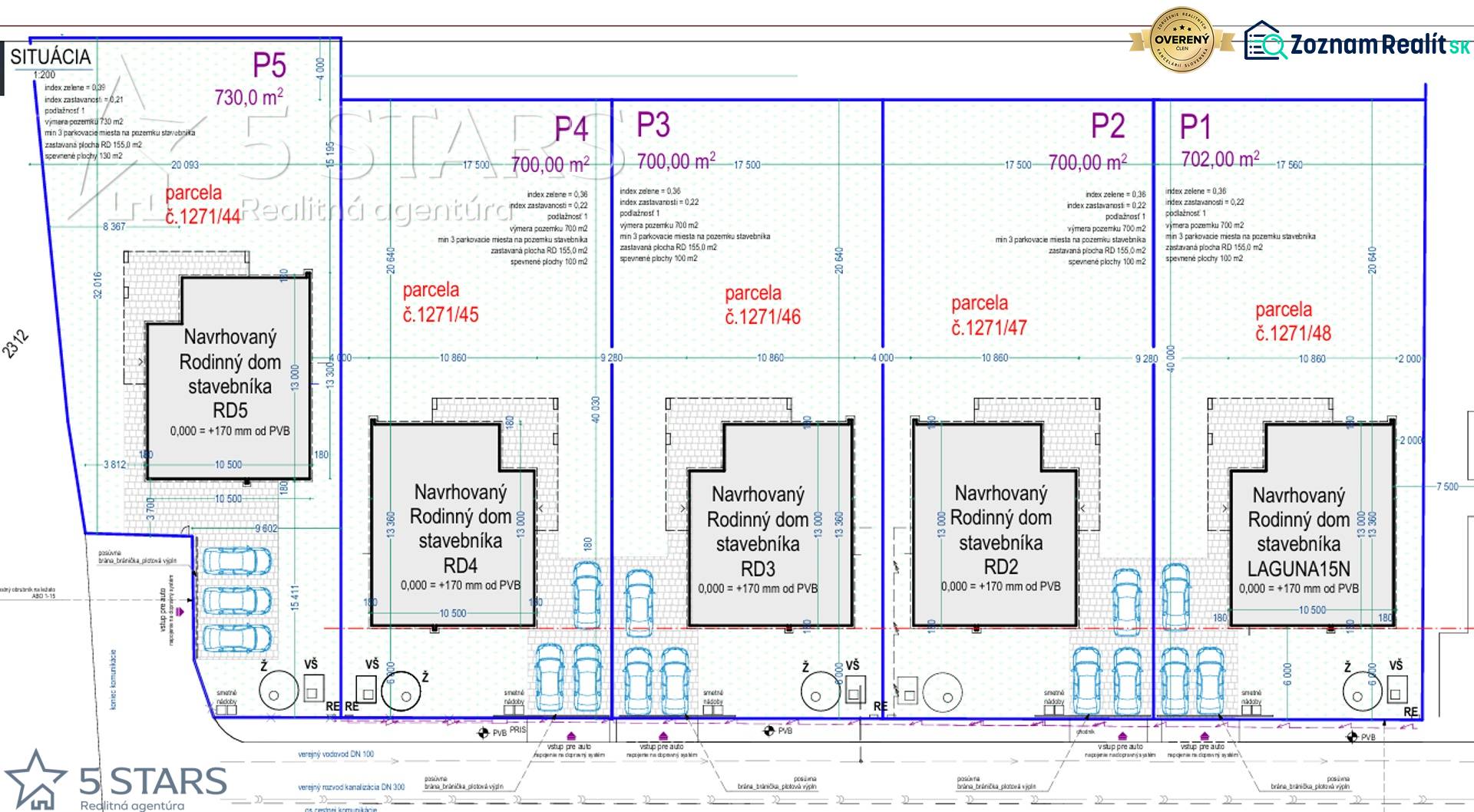 Plan of residential housing development in Trenčín with marked plots and house designs.