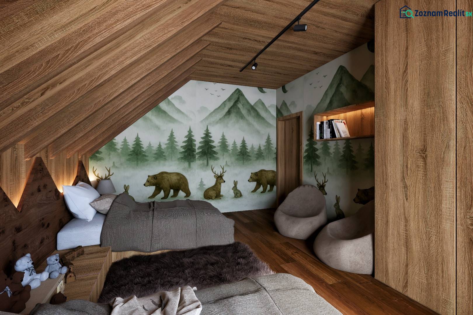 Interior with a forest theme, wooden decor flooring, comfortable relaxation area.
