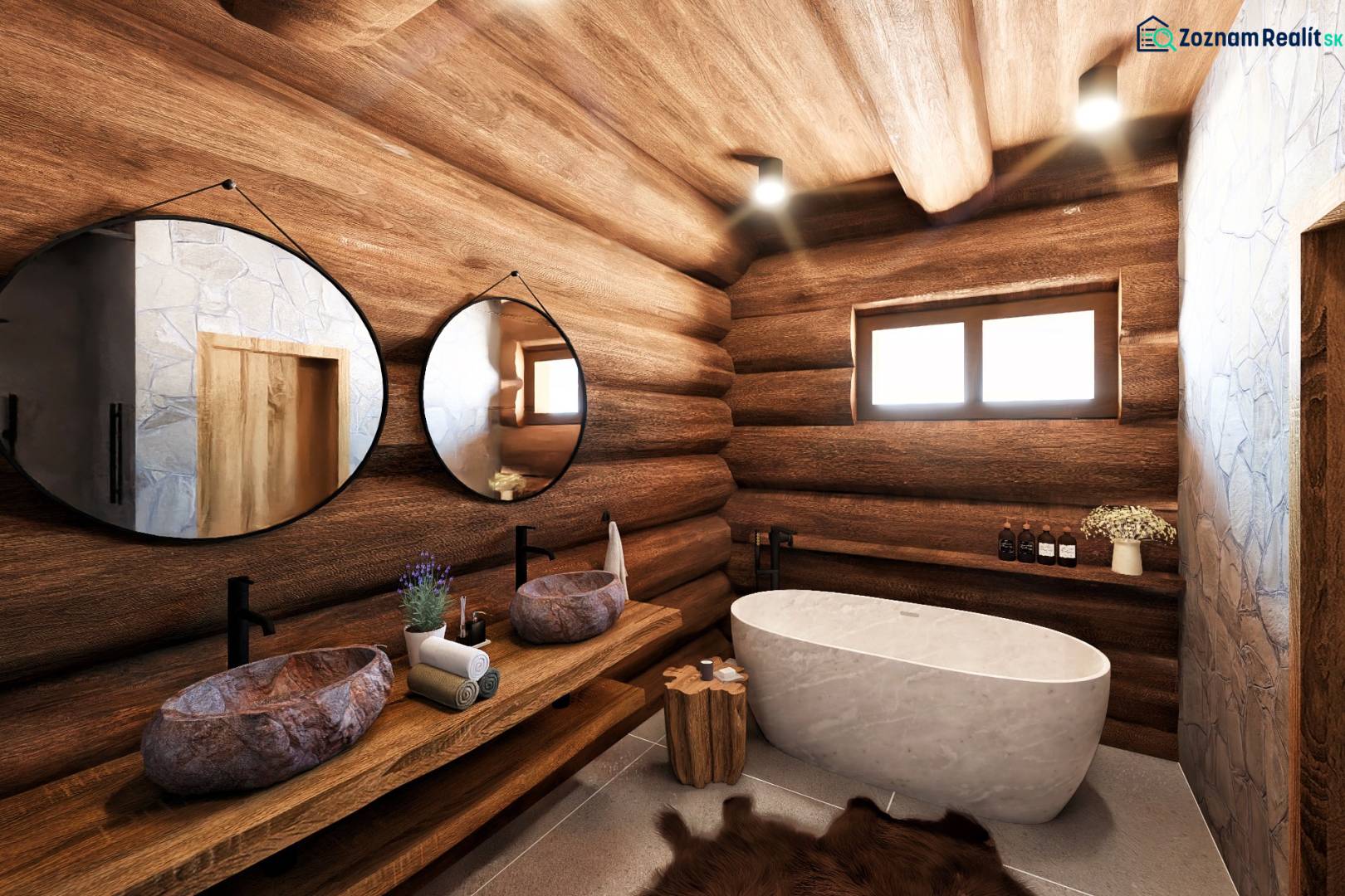 Bathroom made of wood, stone sinks, bathtub, mirrors; House construction.