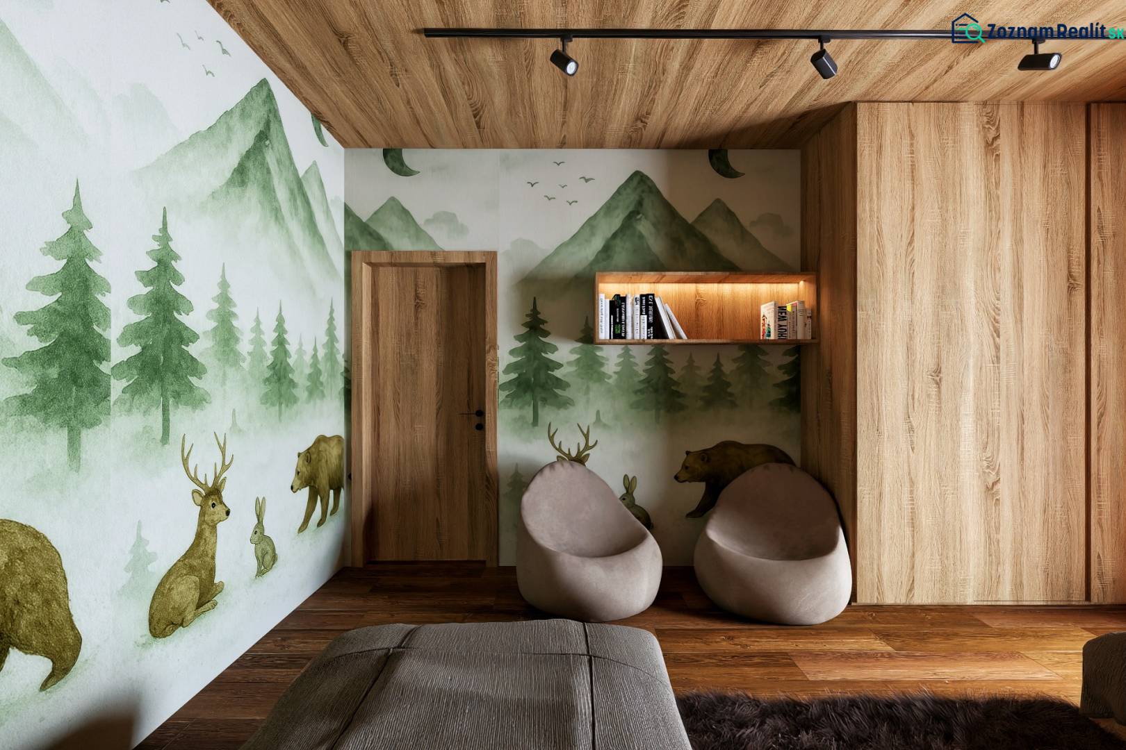 Interior with a wall mural of a forest, seating, and wood-patterned flooring for home construction.