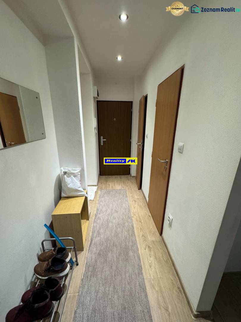 A hallway with a wood-patterned floor in a 2-room apartment with a mirror and a wardrobe.