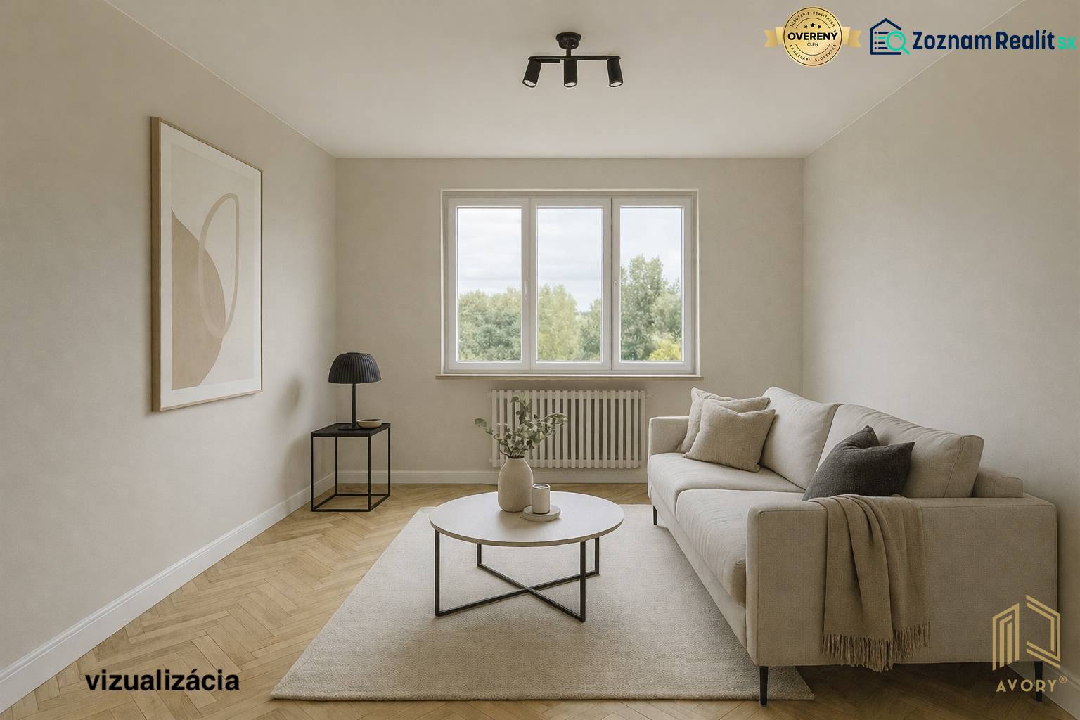 Living room in a two-room apartment with a wooden decor floor, sofa, and table.
