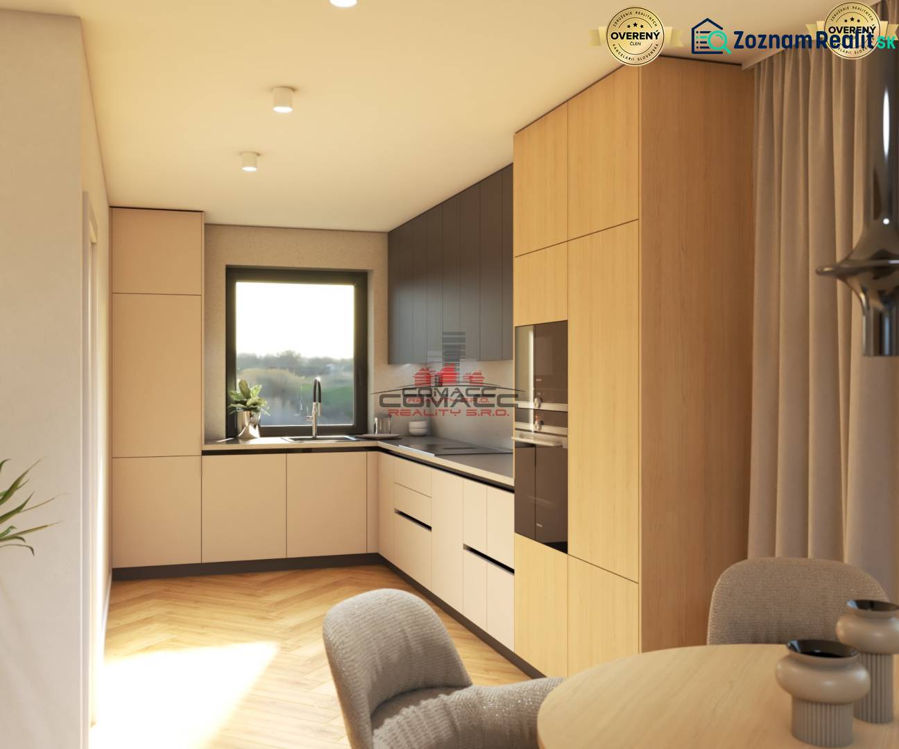 A kitchen in a family house with a wooden decor floor, light cabinets, and a large window.