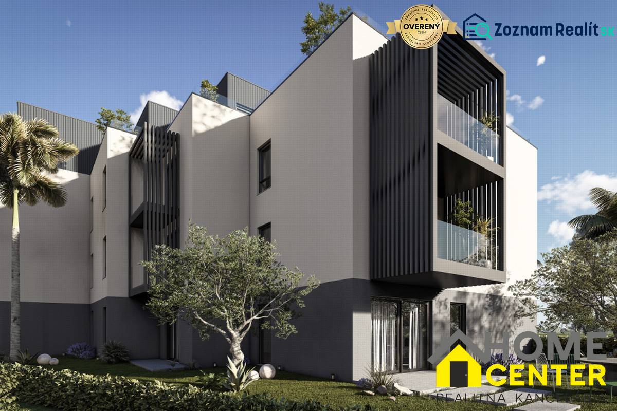 A recreational apartment in Hvar with modern features, palm trees, and green trees.