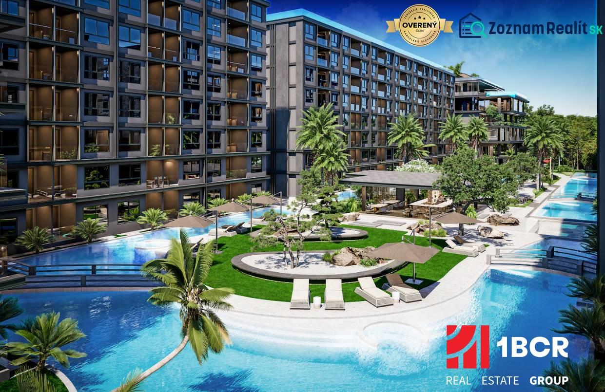 Apartment construction in Pattaya, pools, palm trees, and spacious common areas.