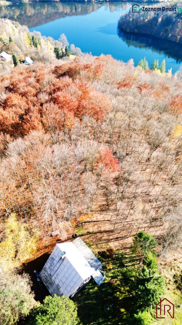chata na predaj, drevenica, rekreačná nehnuteľnosť, výhľad na jazero, pri lese, tiché prostredie, súkromie, jesenná príroda.