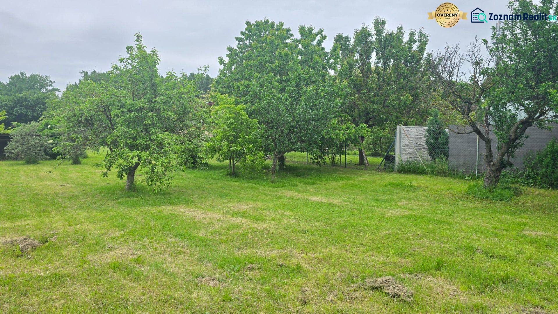 Gardens in Dolná Streda with a lawn and fruit trees, surrounded by a fence and vegetable planting.