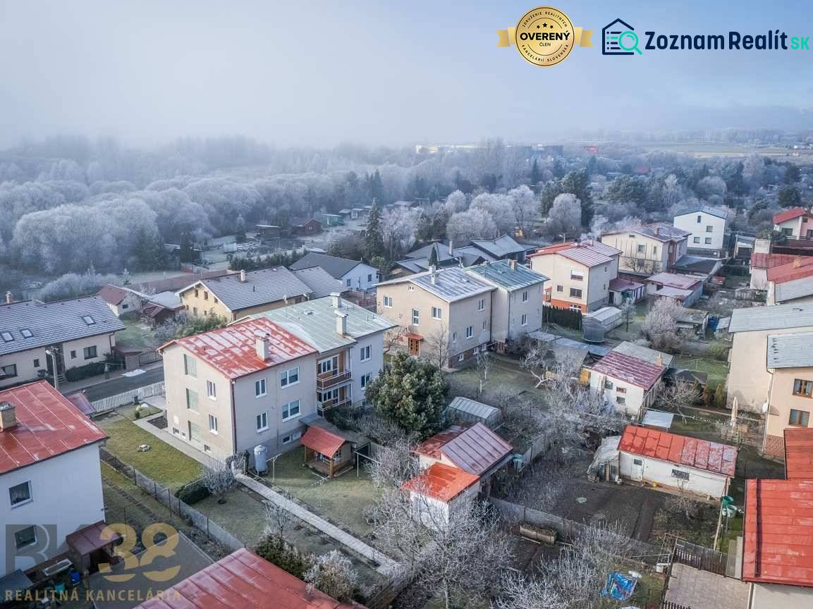 Family houses in the winter environment of Poprad surrounded by sparse forest and frozen trees.