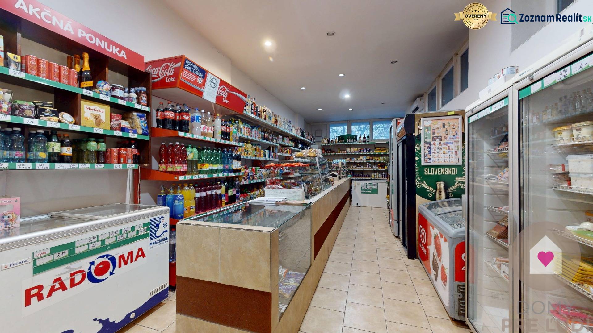 Interior of retail spaces with groceries, shelves full of products, refrigerated display cases.