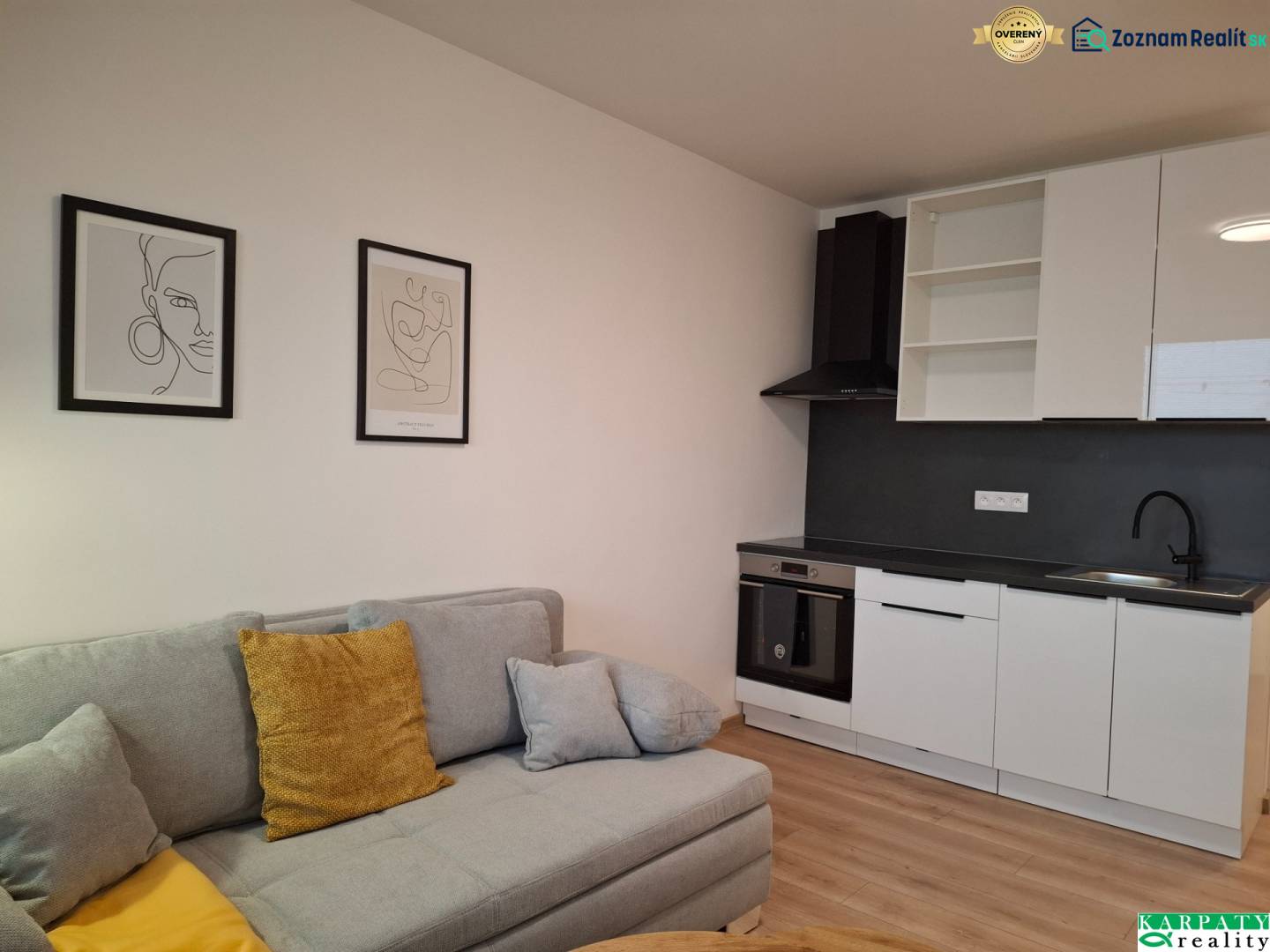 Studio apartment with a sofa, kitchen, and wood-patterned flooring.