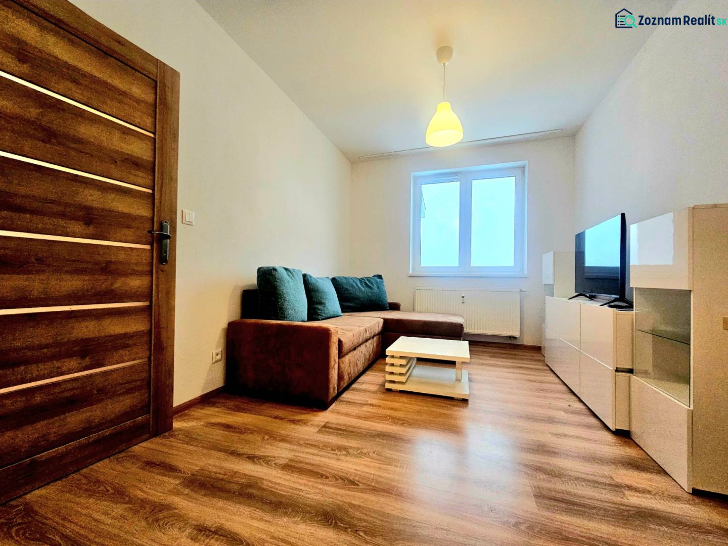 Living room in a two-room apartment with a sofa and wooden decor flooring.