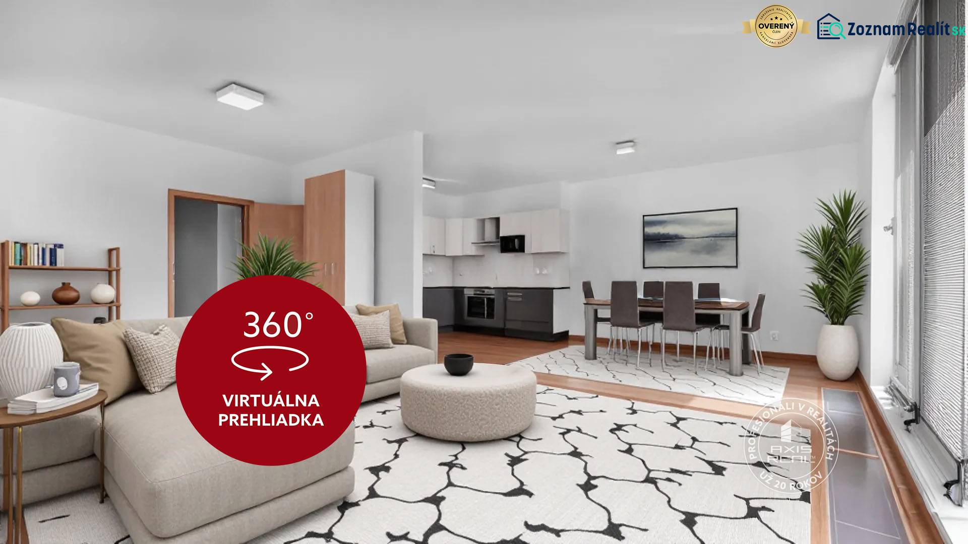 Living room in a 3-room apartment with a sofa, dining table, and kitchen unit.