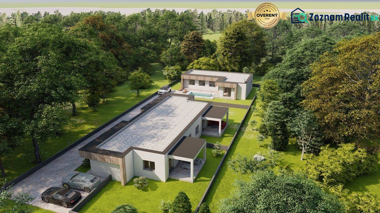 Family houses in Žihárec surrounded by green trees, with a swimming pool and a driveway.