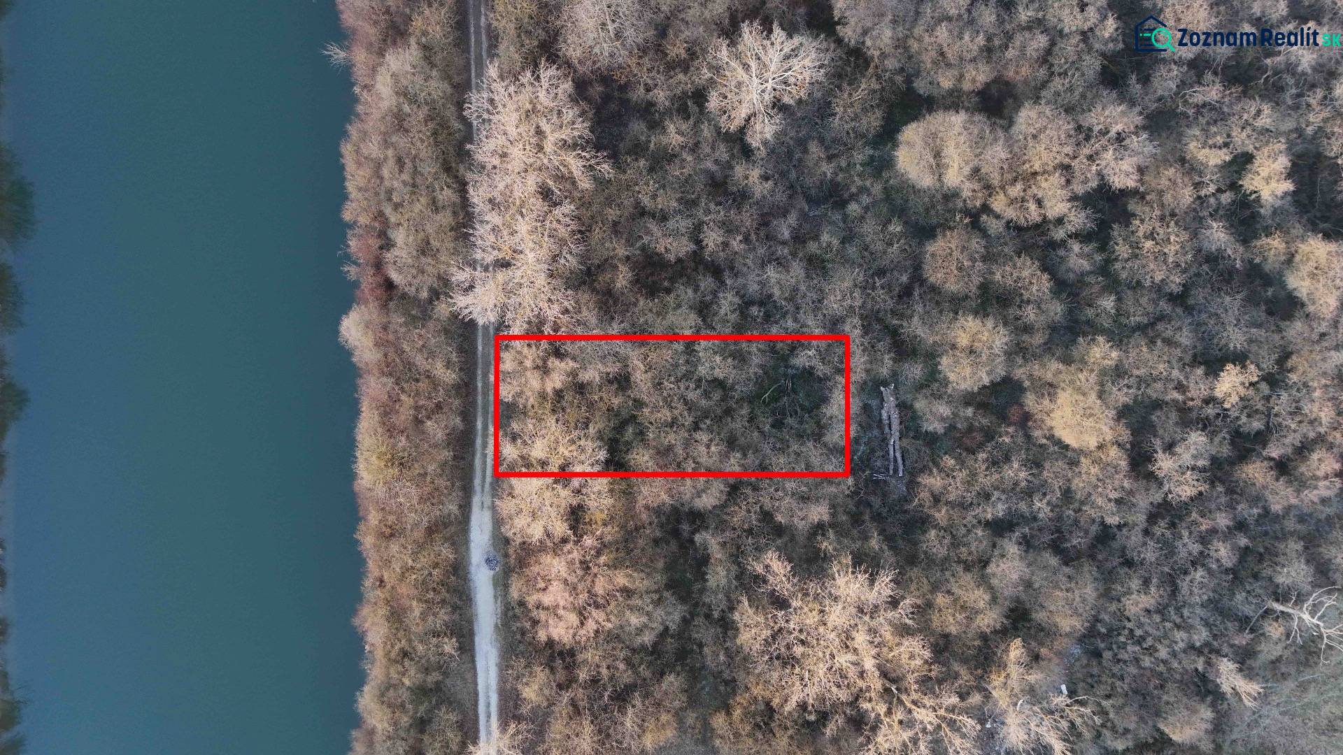 Aerial view of recreational grounds in Nová Ves nad Váhom, surrounded by forest and river.