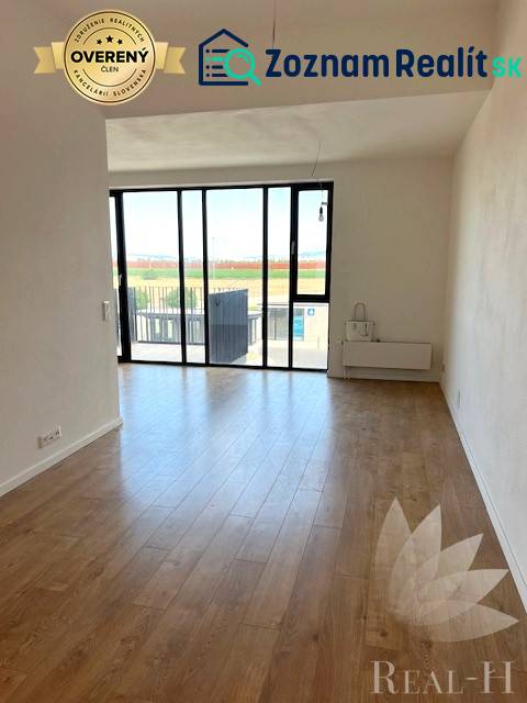 A bright living room with large windows and wood-patterned flooring in a two-room apartment.