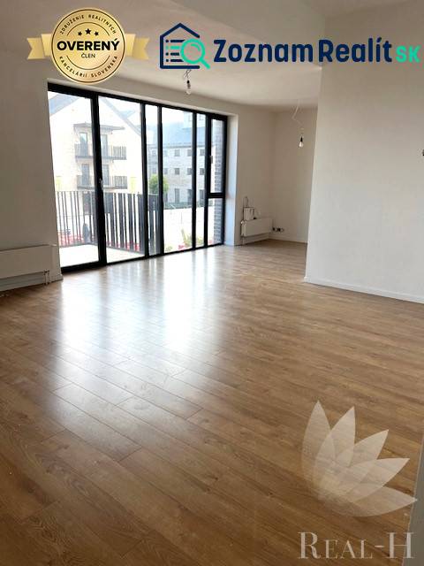 Spacious living room in a 2-room apartment with wood-patterned flooring and large windows.