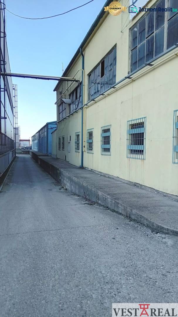 Narrow road and warehouses on Coburgova Street in Trnava with windows secured by bars.