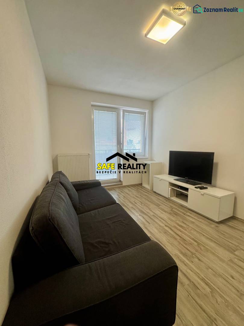 Living room in a two-room apartment with a sofa, television, and wooden decor flooring.