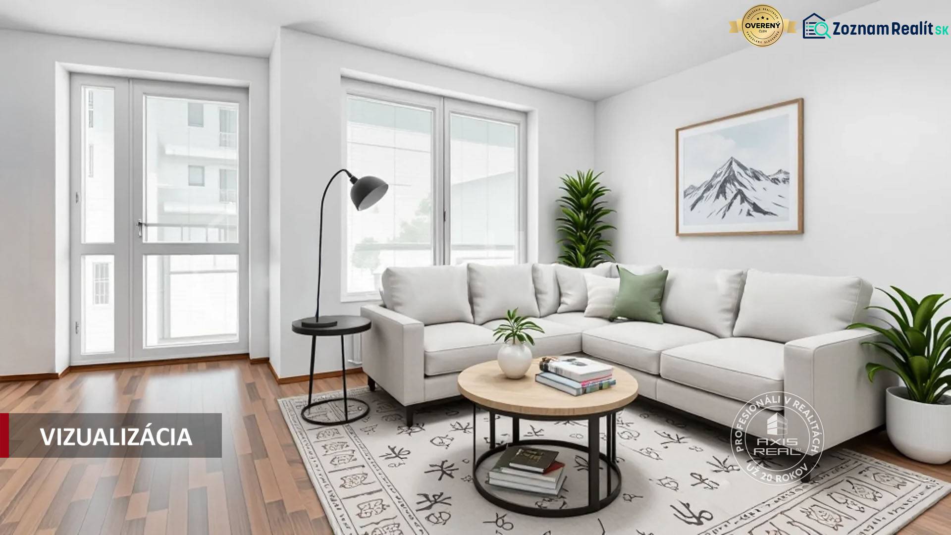 A bright living room with a corner sofa, a coffee table, and a wooden decor floor in a two-room apartment.