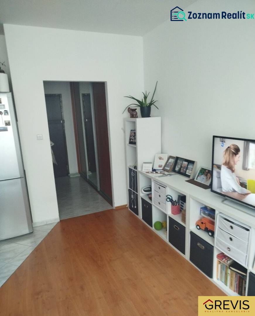 A studio apartment with wood-patterned flooring, a television, and storage spaces.