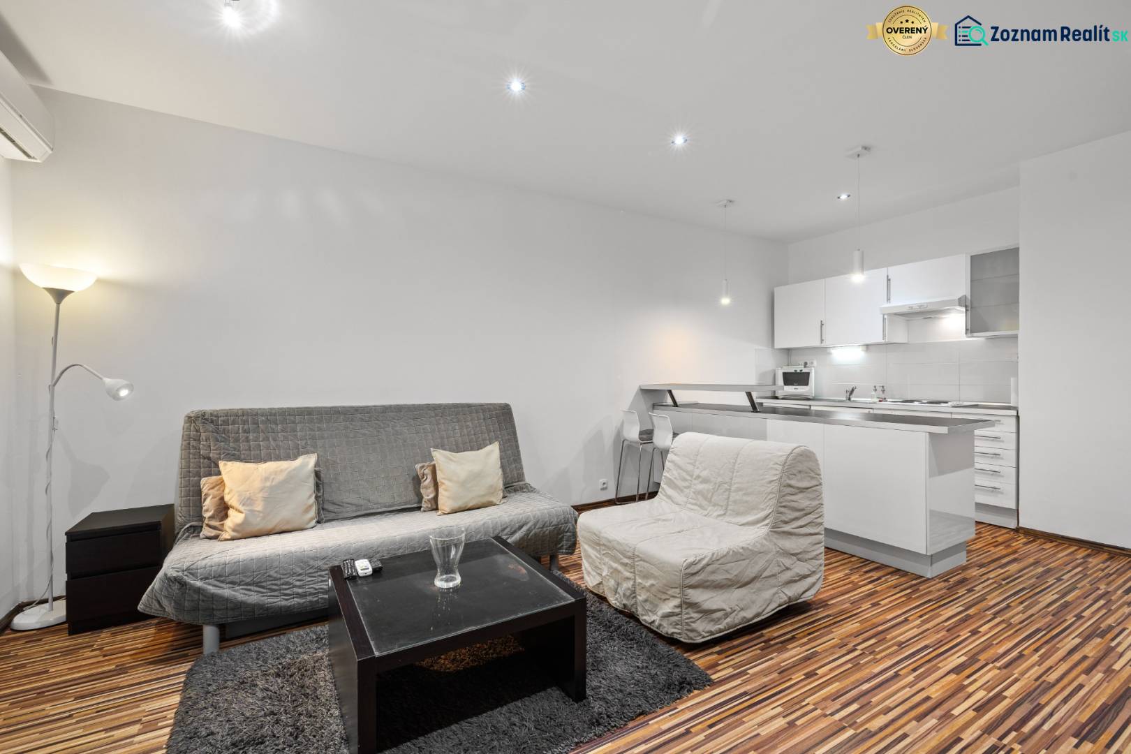 Living room in a studio apartment with wood-patterned flooring, a sofa, and a kitchenette.