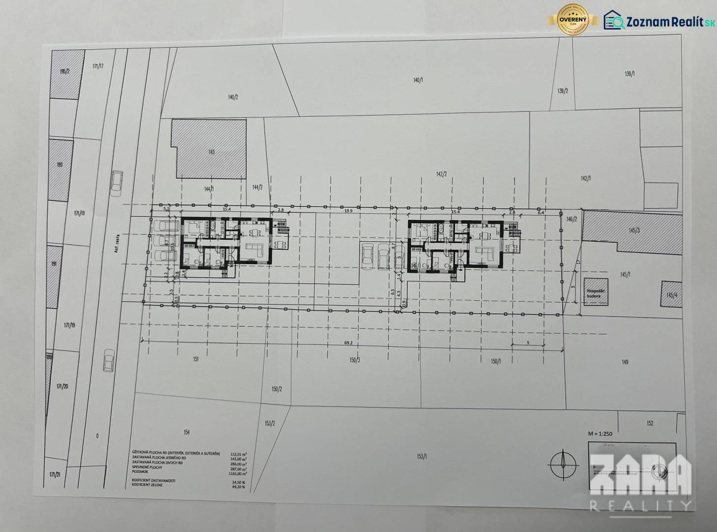 Project of two houses on residential plots in Nováčany, showing the situation of the parcels.