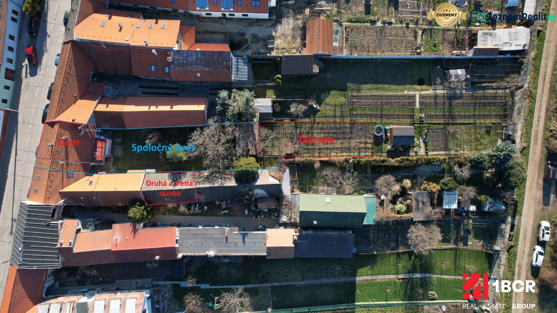 Aerial view of a family house on Bratislavská Street in Svätý Jur with a shared courtyard.