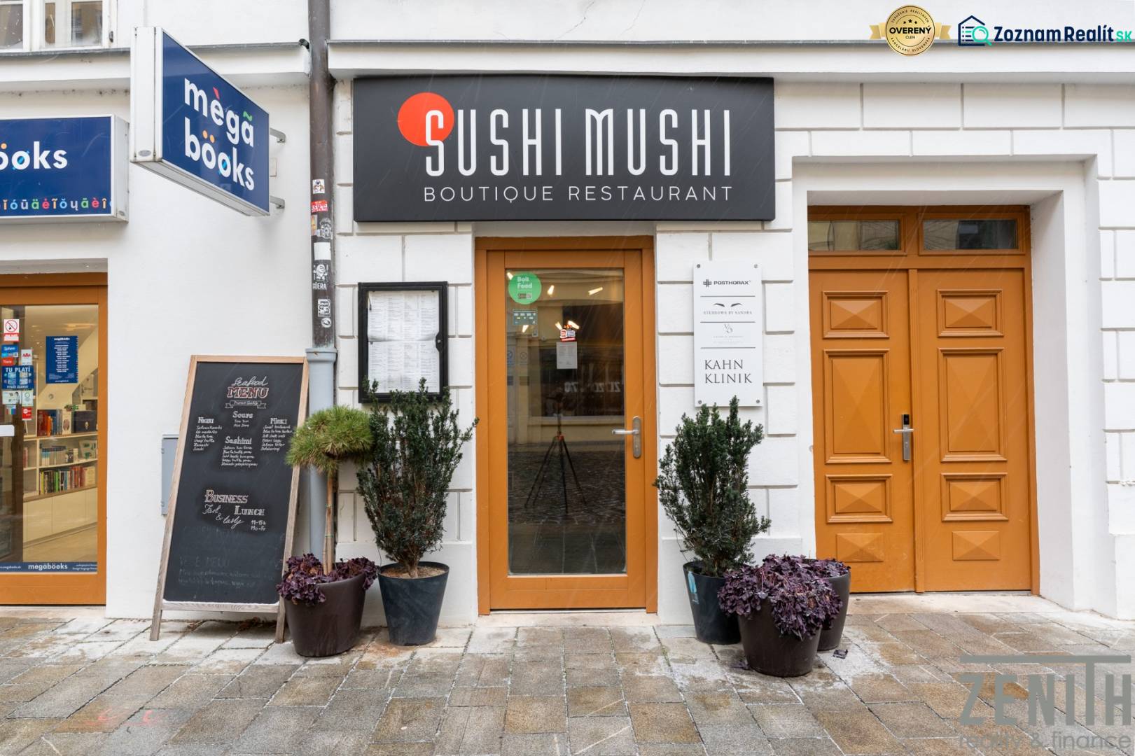 Gastro premises on Laurinská Street in Bratislava with visible menu and decoration.
