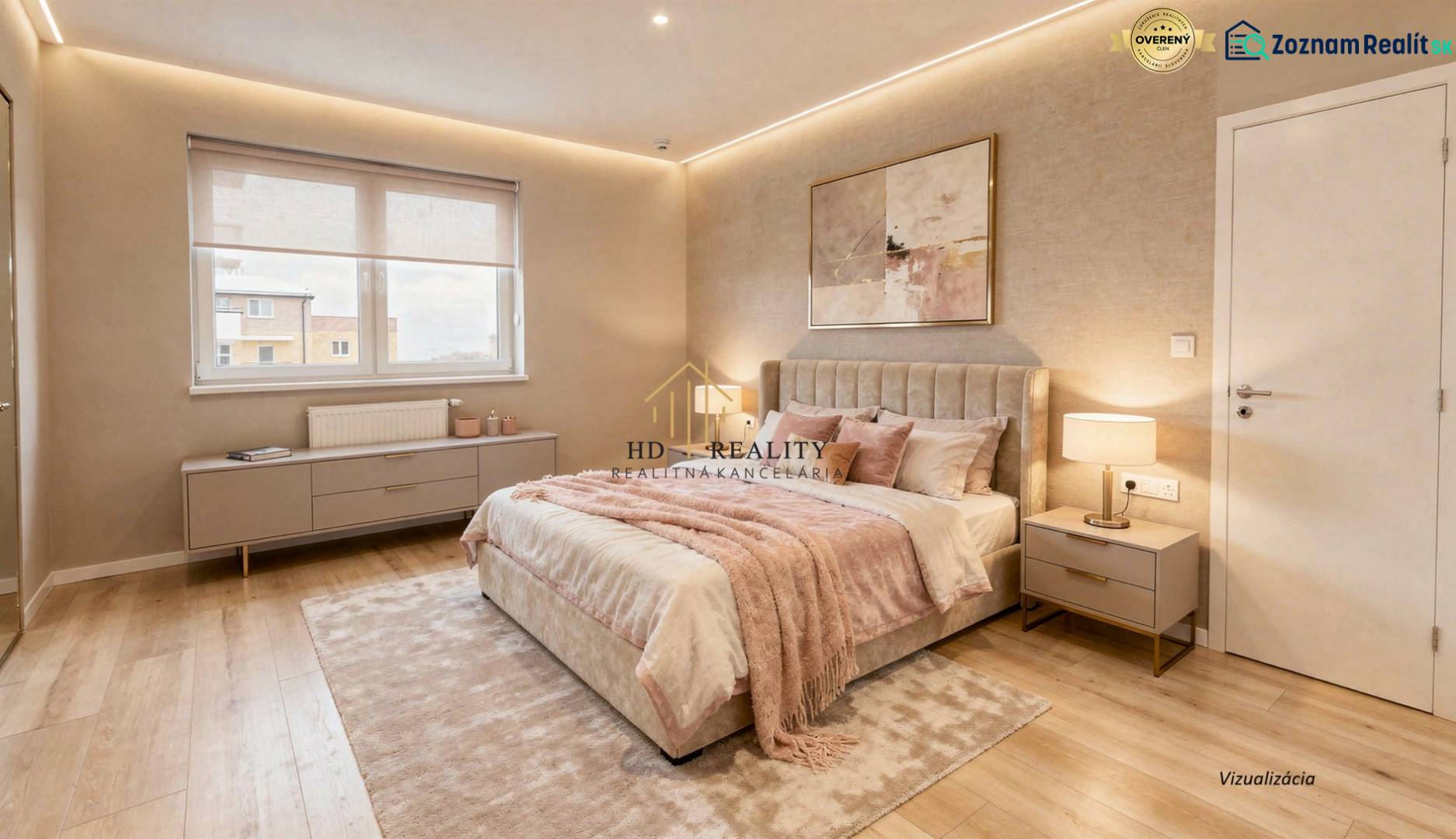 Bedroom with a bed and nightstands, floor with wood decor, 2-room apartment.