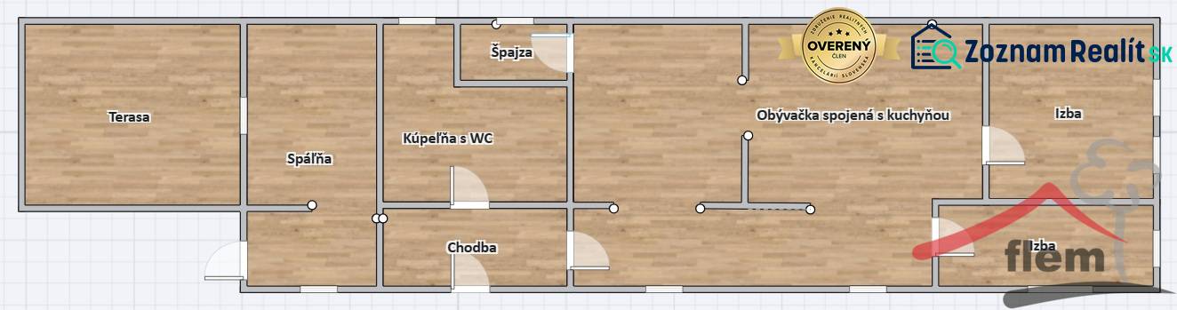 Floor plan of a family house with a wooden decor floor, rooms, and terrace.