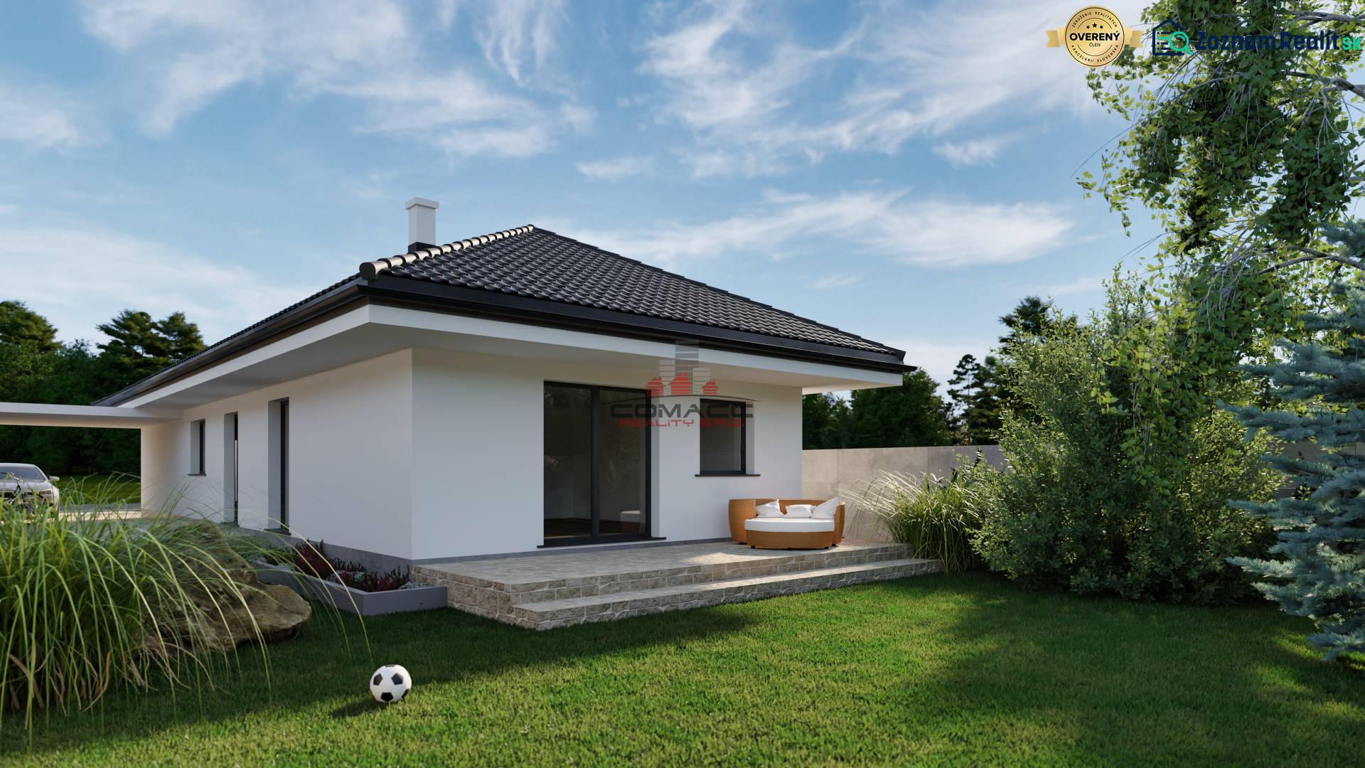 A family house with a garden on Veselé Street. Next to it is a car and a soccer ball.
