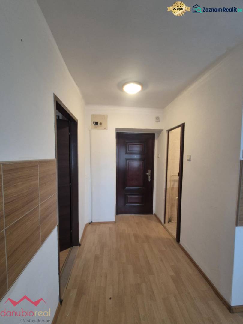Entrance hall in a 2-room apartment with wood-patterned flooring and a light above the door.
