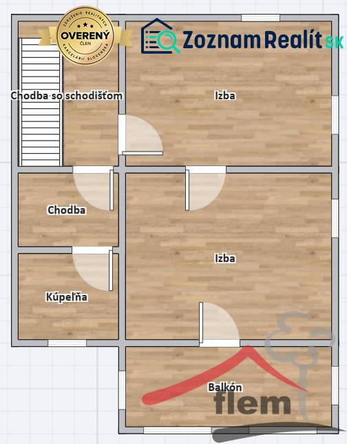 Floor plan of a family house with two rooms, a bathroom, a hallway, and a balcony.