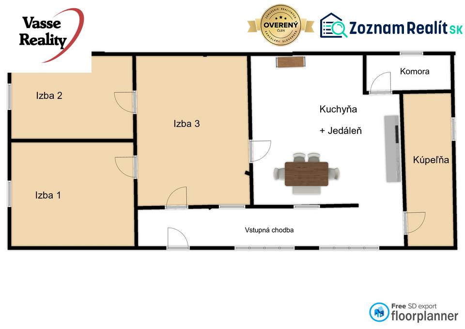 Floor plan of a family house with three rooms, a bathroom, a kitchen, and a pantry.