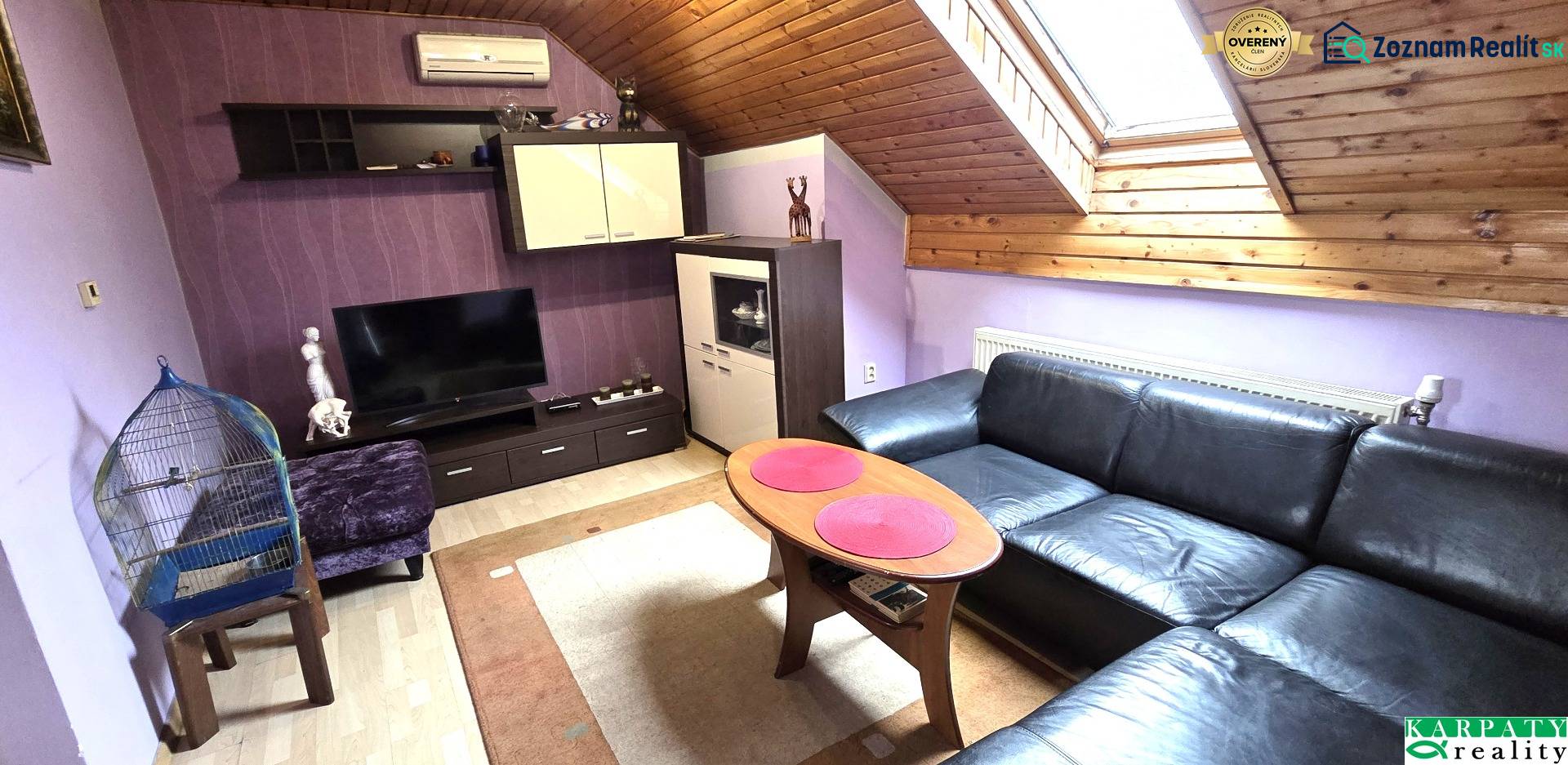 Living room in the attic with a sofa, a birdcage, and a television.