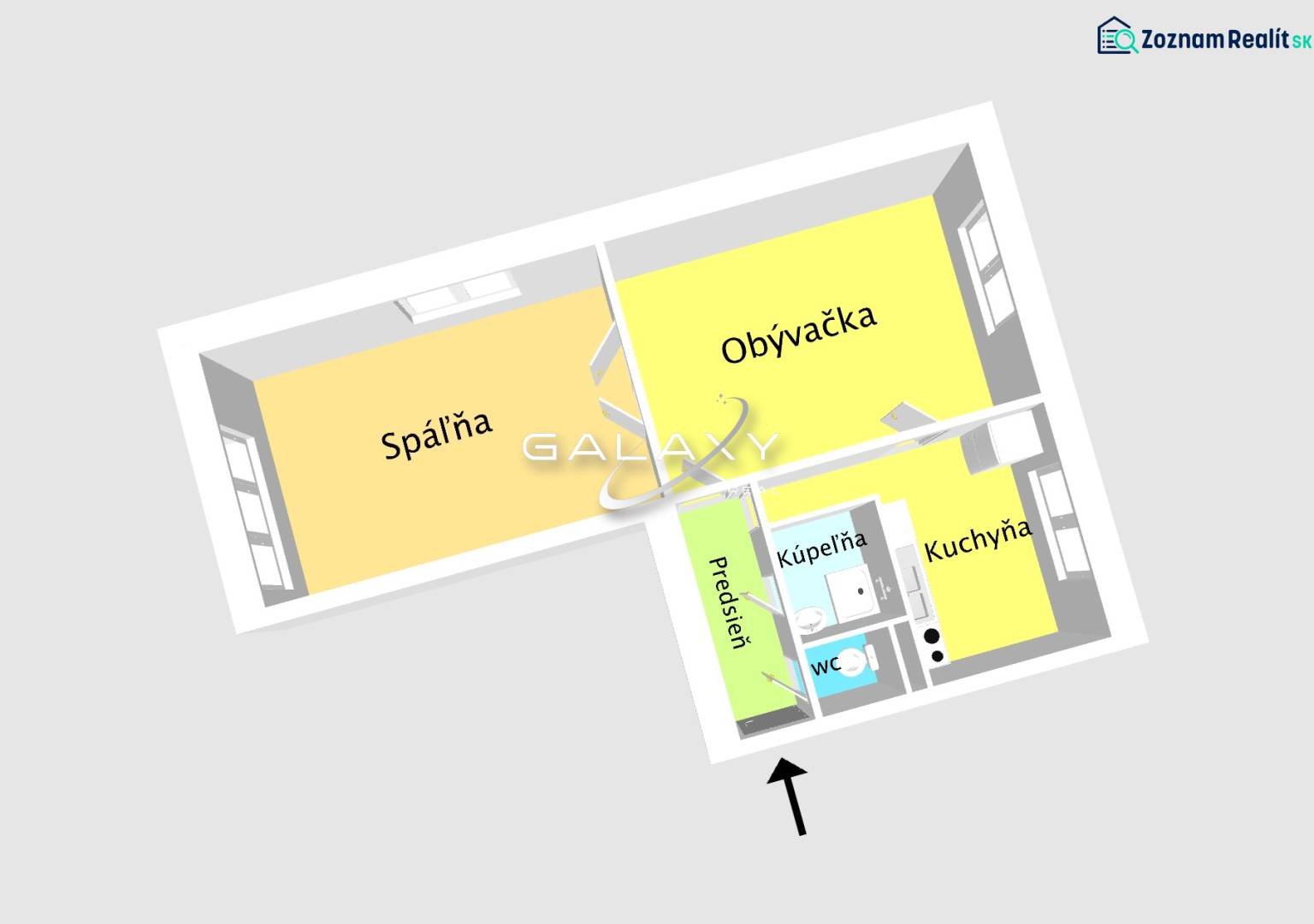 2-room apartment with a hallway, living room, bedroom, kitchen, bathroom, and toilet.