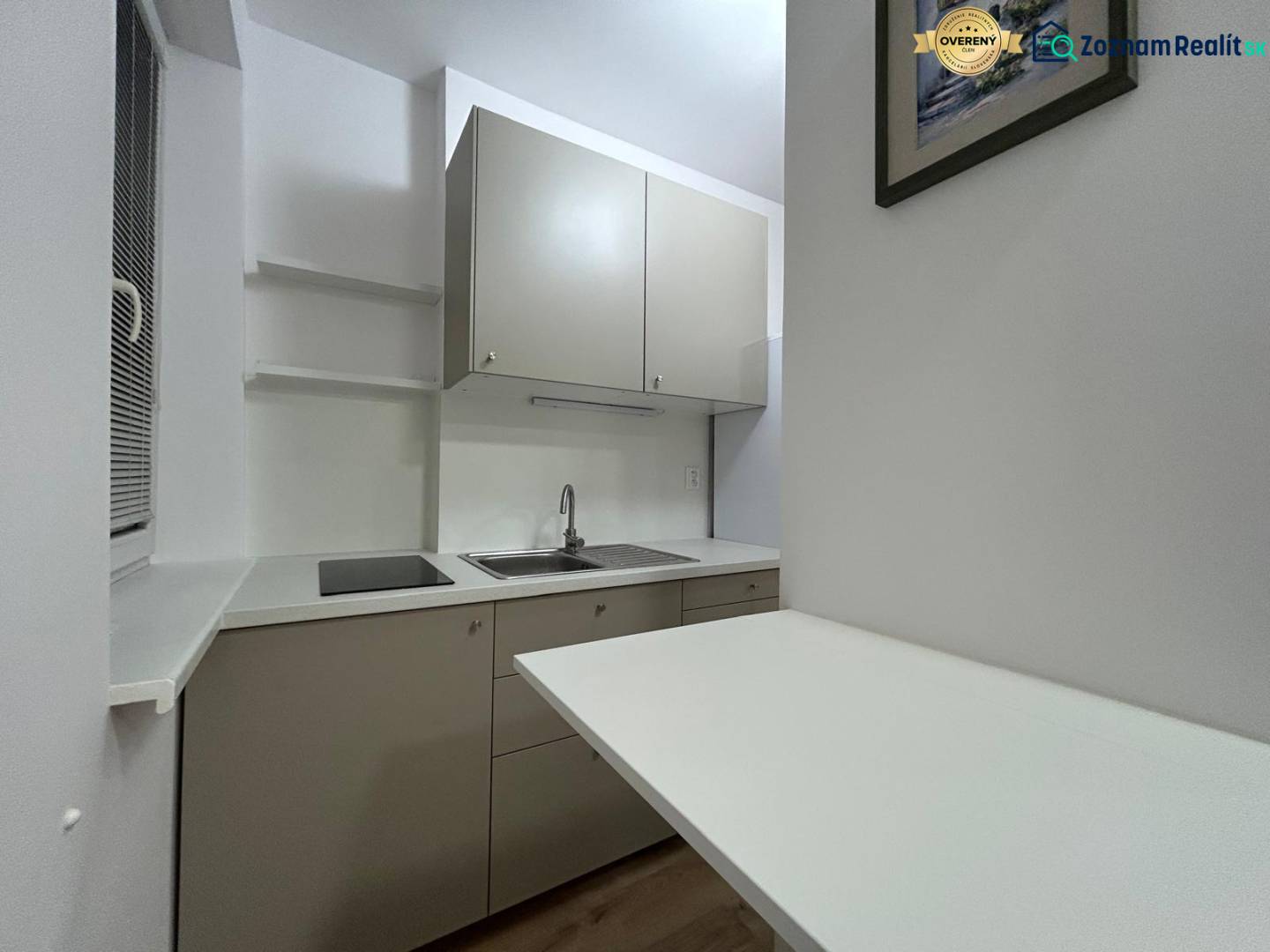 Compact kitchen with grey cabinets, sink, and ceramic hob in a studio apartment.