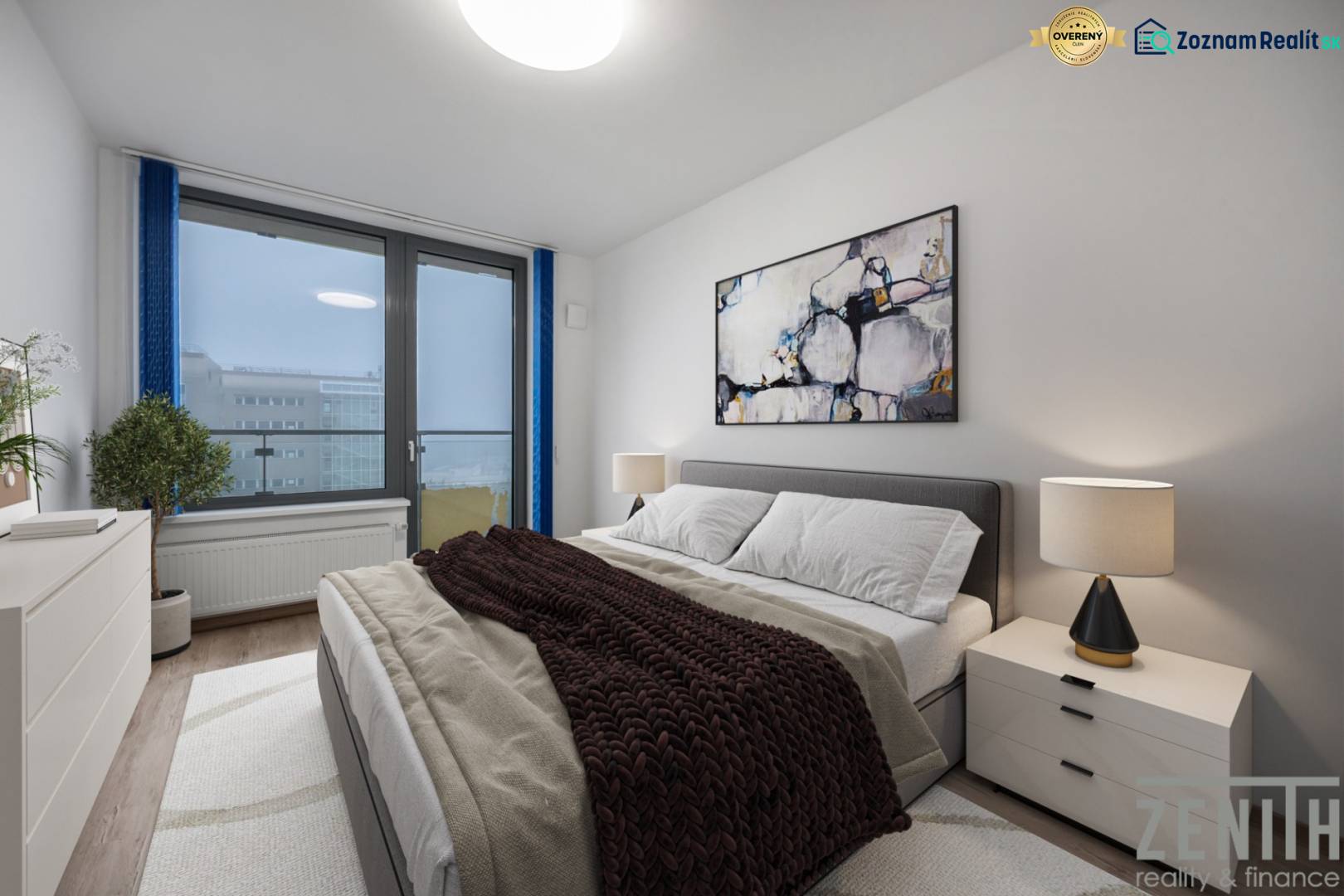 Bedroom in a 2-room apartment with a comfortable bed, a painting, and a lamp on the nightstand.