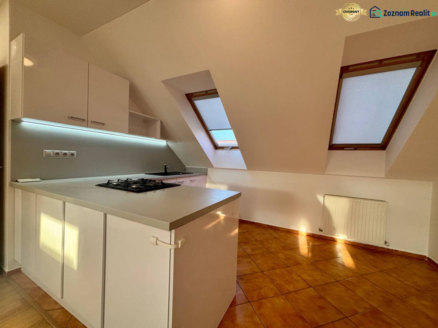 A kitchen in a 2-room apartment with a cooktop and skylights.