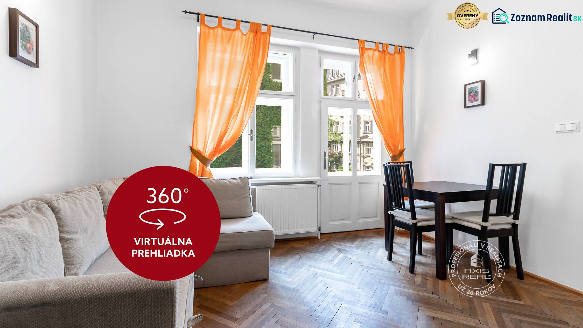 A living room with orange curtains, a sofa, and a dining table in a two-room apartment.