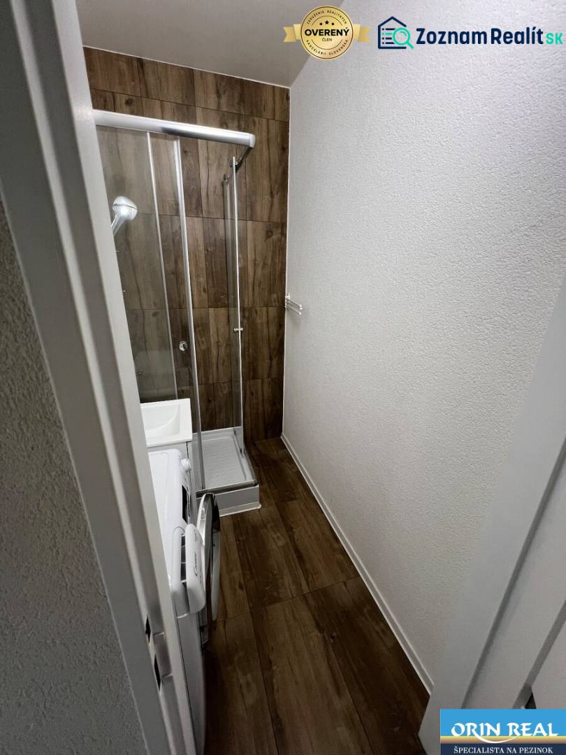 A bathroom in a studio apartment with a wooden decor floor, a shower corner, and a washing machine.