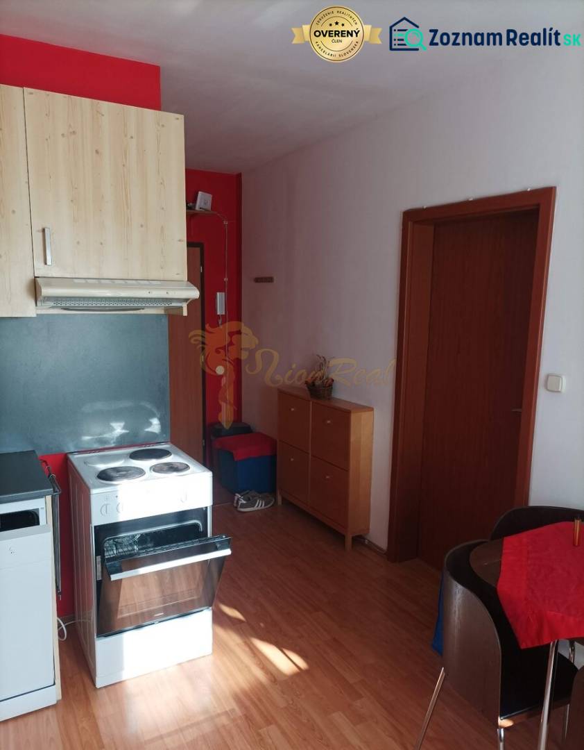 Kitchen in a studio apartment with a wood-patterned floor.