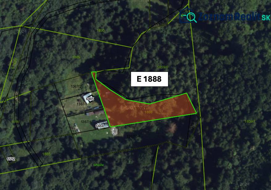 Aerial view of agricultural and forest lands in Malachovo, with plot E 1888 marked.