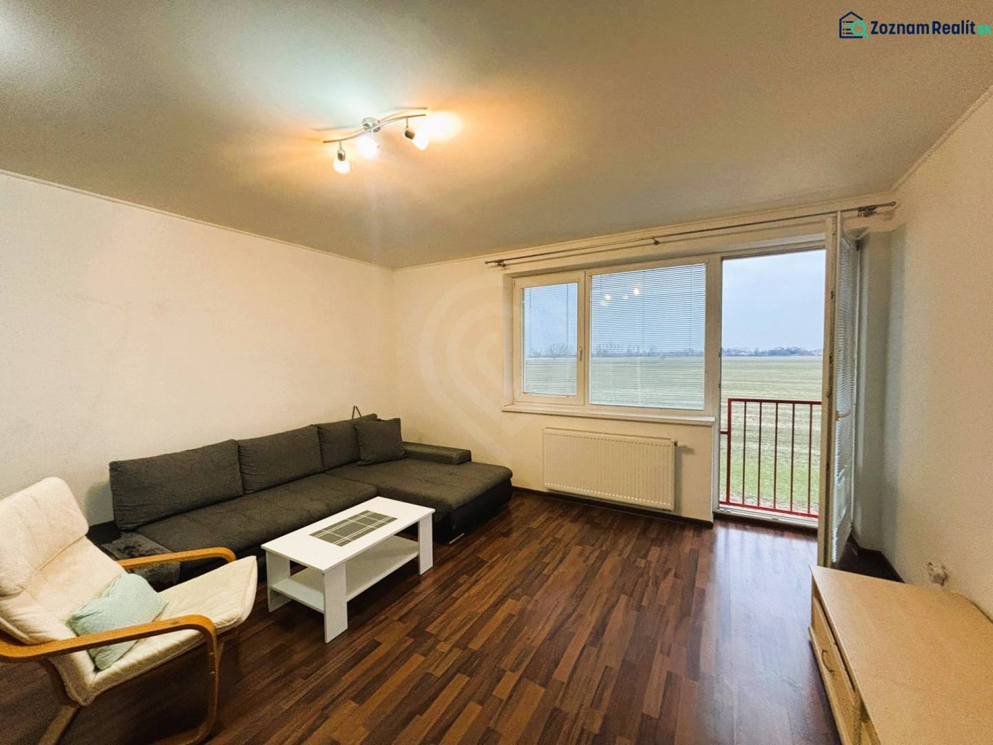 Living room in a two-room apartment with a wooden decor floor and a sofa.