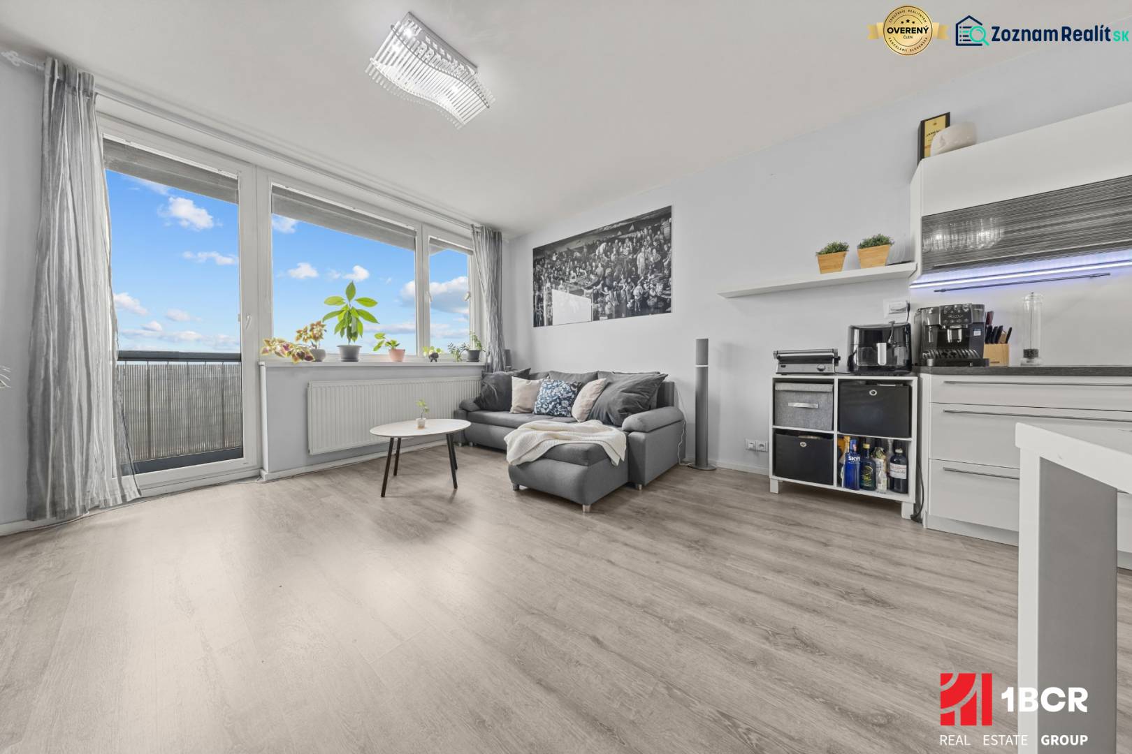 Living area of a 2-room apartment with a sofa, table, and wooden decor flooring.