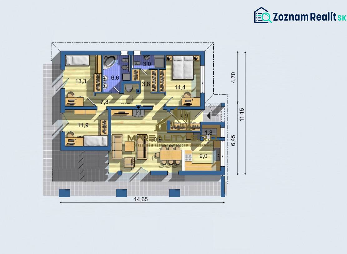 Floor plan of a family house with three bedrooms, a bathroom, and a living room. Floor with wooden decor.