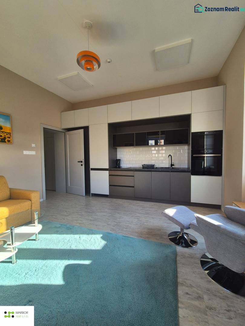 Interior of a 1-room apartment with a kitchen unit, green carpet, and wooden decor flooring.