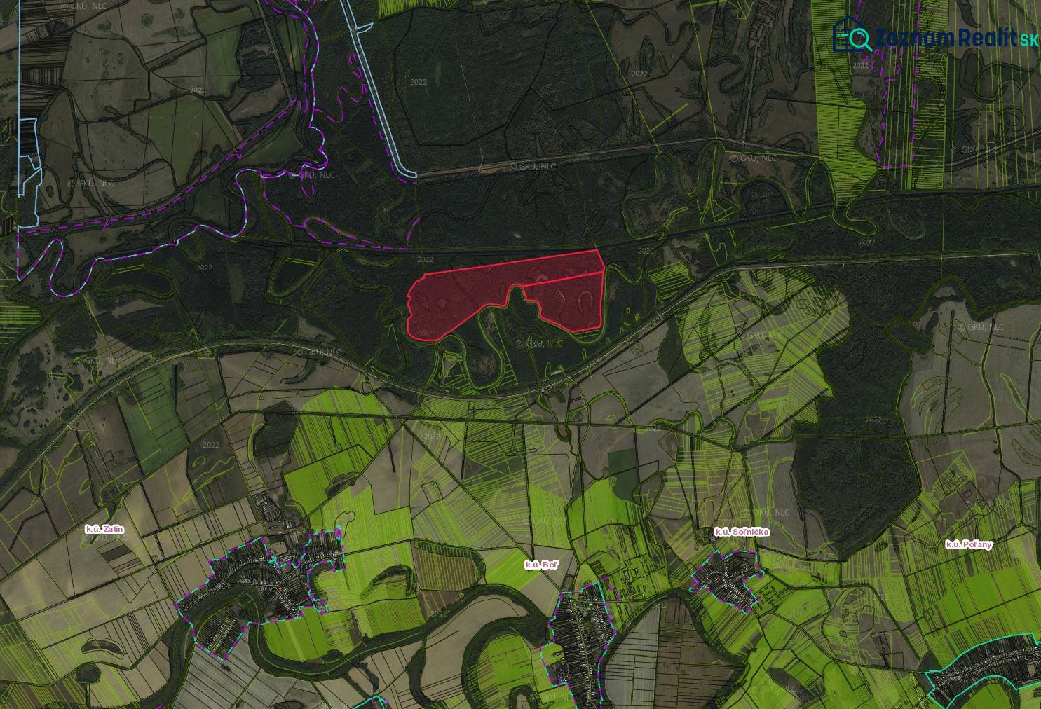 Map of agricultural and forest lands around Boľa.
