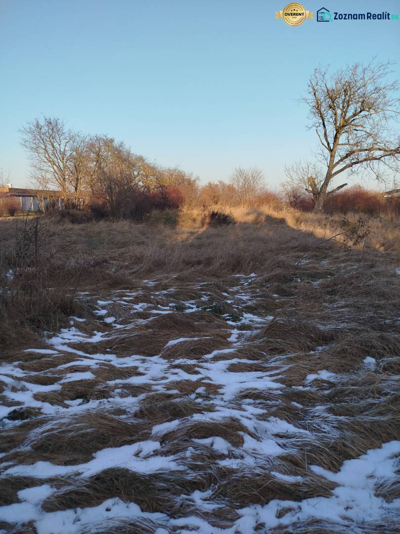 A plot of land on Hodská Street in Galanta with grass cover and remnants of snow.